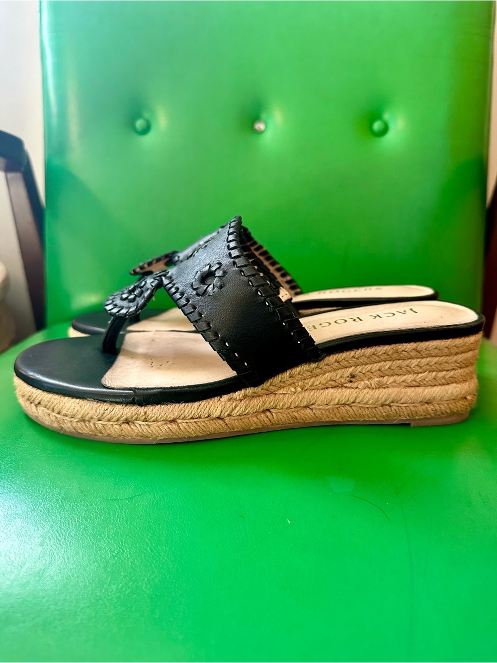 Jack Rogers Black Leather Espadrille Wedge Sandals